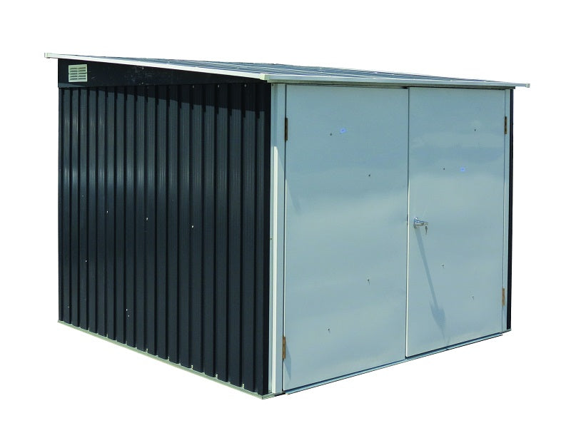 Duramax Bicycle Storage Shed Anthracite w/ White Trim - Backyard Oasis corner angle closed doors