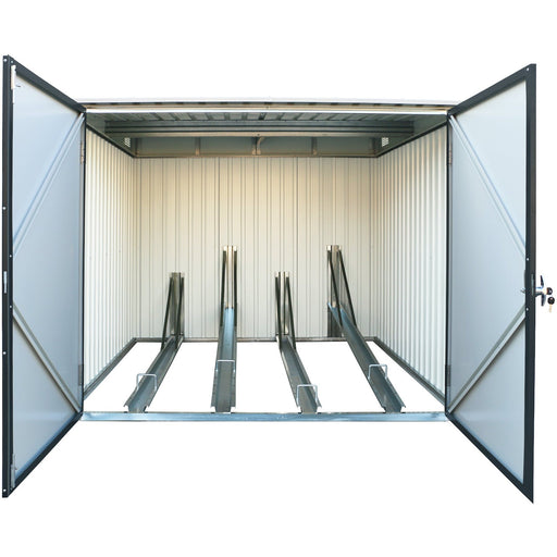 Duramax Bicycle Storage Shed Anthracite w/ White Trim - Backyard Oasis opened doors
