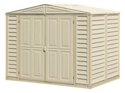 Duramax Duramate 8'x5.3' Vinyl Shed in Ivory, closed doors, side angle view, with foundation model 00184.