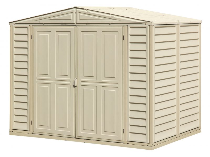 Duramax Duramate 8'x5.3' Vinyl Shed in Ivory, closed doors, side angle view, with foundation model 00184.