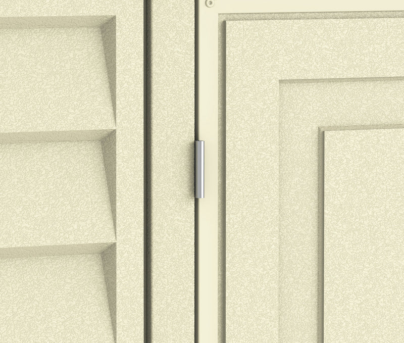 close up detail of the hinge of Duramax Duramate 8x5.3 Vinyl Shed w/ Foundation