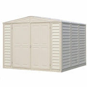 Duramax Duramate 8'x8' Vinyl Shed with Foundation, featuring closed doors against a white background, showcasing a clean and sleek design.