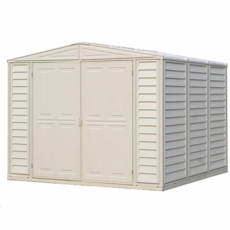 Duramax Duramate 8'x8' Vinyl Shed with Foundation, featuring closed doors against a white background, showcasing a clean and sleek design.