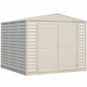 Duramax Duramate 8x8 Vinyl Shed w/ Foundation - Backyard Oasis corner angle in white background