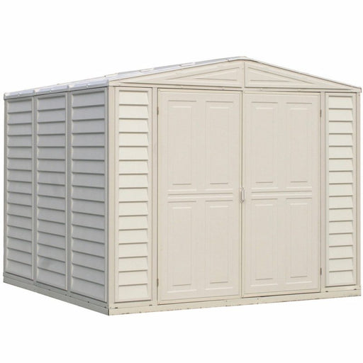 Duramax Duramate 8x8 Vinyl Shed w/ Foundation - Backyard Oasis corner angle in white background