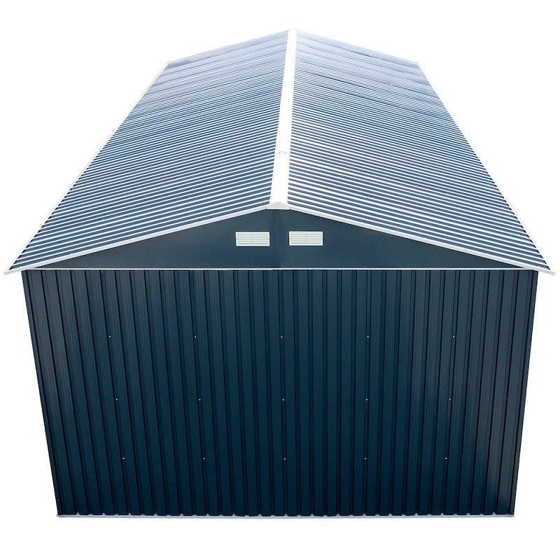 Duramax Imperial Metal Garage Dark Gray w/White 12x20 - Backyard Oasis back view 