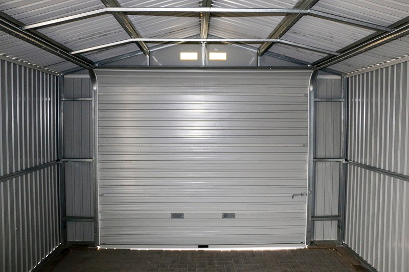 Duramax Imperial Metal Garage Dark Gray w/White 12x20 - Backyard Oasis door view from inside