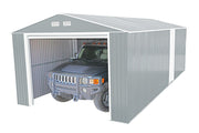 Duramax Imperial Metal Garage Light Gray w/Off White 12x20 - Backyard Oasis left-side with car inside