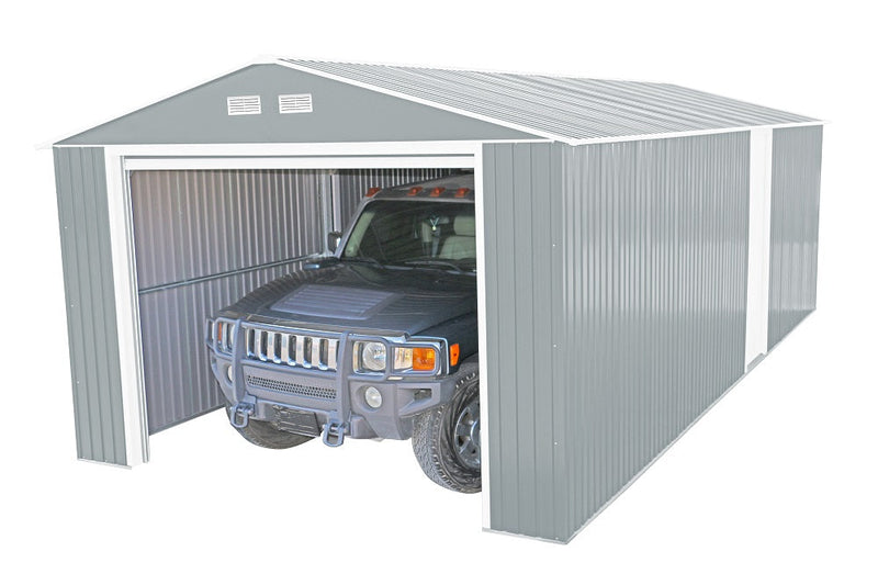 Duramax Imperial Metal Garage Light Gray w/Off White 12x20 - Backyard Oasis left-side with car inside