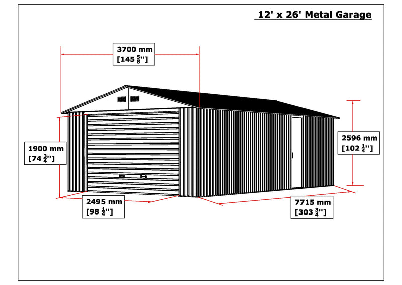 Dimensions of the Light Gray w/ Off White Duramax Imperial Metal Garage 12x26