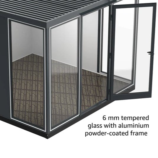 View of the inside of an empty Duramax Insulated Glass Building 10x10 featuring its tempered glass.