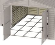 Close up of the opened double doors of 10.5x15.5 Duramax Vinyl Garage without floor panel stock photo