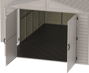 Close up of the opened double doors of 10.5x15.5 Duramax Vinyl Garage empty inside stock photo