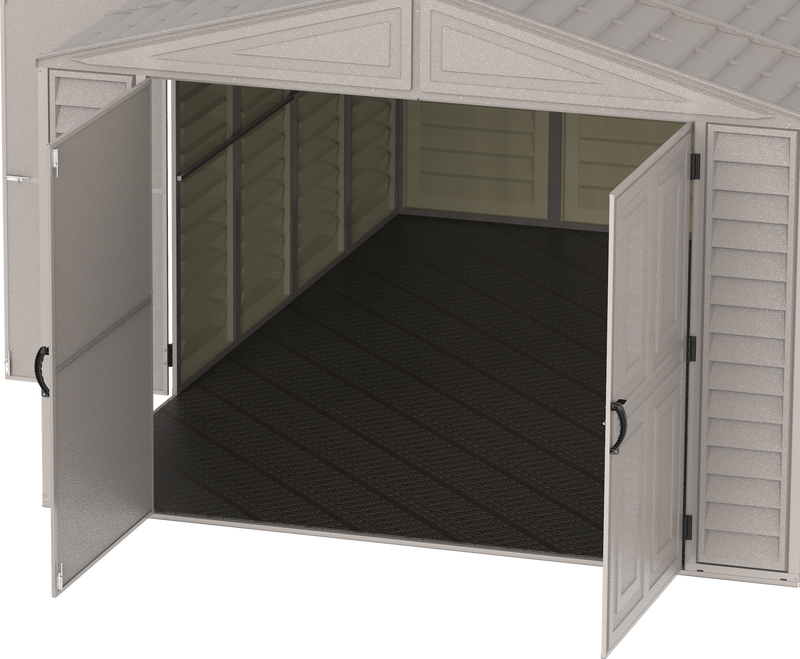 Close up of the opened double doors of 10.5x15.5 Duramax Vinyl Garage empty inside stock photo