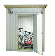 Duramax Palladium Metal Shed 6' x 5' - Backyard Oasis one door open with bikes inside