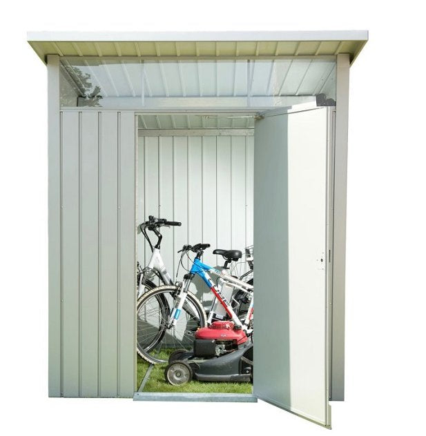 Duramax Palladium Metal Shed 6' x 5' - Backyard Oasis one door open with bikes inside