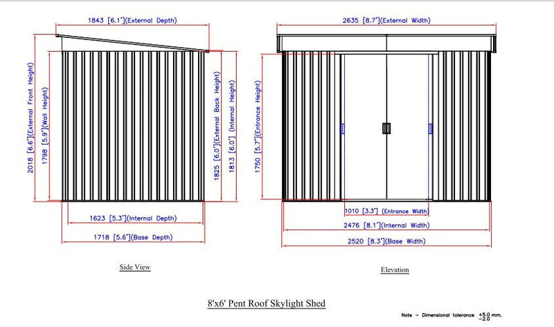 Duramax Pent Roof 8x6 w/ Skylight - Backyard Oasis dimensions