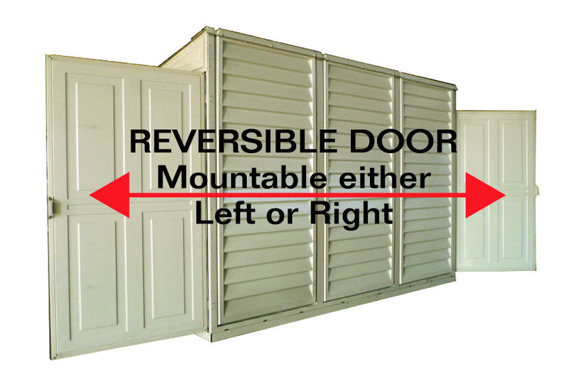 Duramax SideMate Shed w/ foundation 4x8 doors opened showing reversible feature