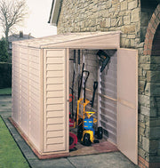 Duramax SideMate Shed w/ Foundation 4x8 - Backyard Oasis placed outside; door open with things inside