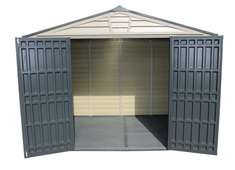 A Duramax StoreMax Plus 10.5 X 8 - 30225 front_open inside details with doors open on a white background.