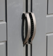 A Duramax StoreMax Plus 10.5 X 8 - 30225 door handle on a gray door. handle details