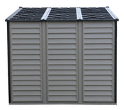 Left side perspective of Duramax WoodSide Plus shed highlighting the panel design and roof structure.