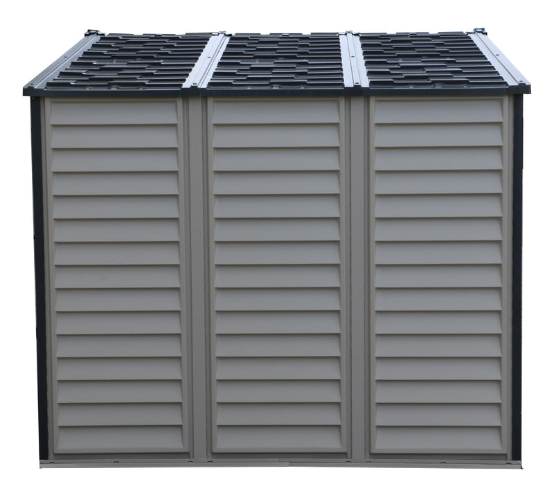Left side perspective of Duramax WoodSide Plus shed highlighting the panel design and roof structure.
