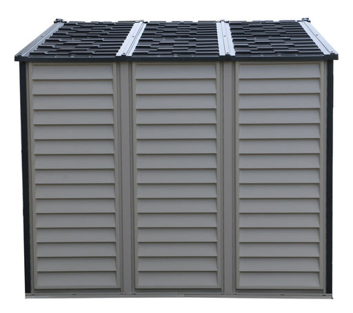 Left side perspective of Duramax WoodSide Plus shed highlighting the panel design and roof structure.