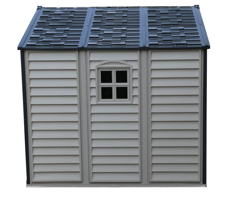 Right side view of Duramax WoodSide Plus 10.5x8 shed showing the window and exterior panel details.