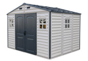 Right side view of Duramax WoodSide Plus 10.5x8 shed showing the window and exterior panel details.