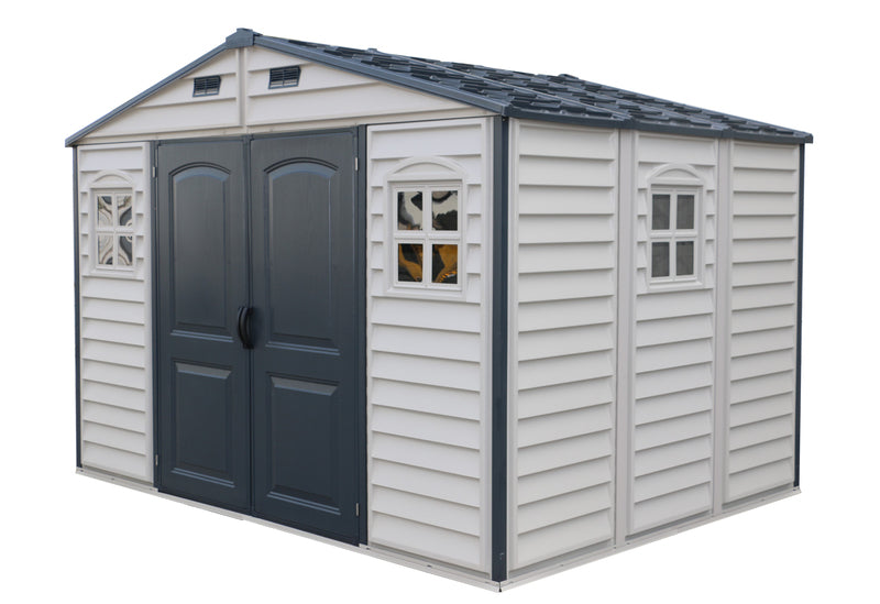 Right side view of Duramax WoodSide Plus 10.5x8 shed showing the window and exterior panel details.