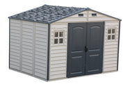 Top left perspective of Duramax WoodSide Plus shed highlighting the roof and wall intersection.