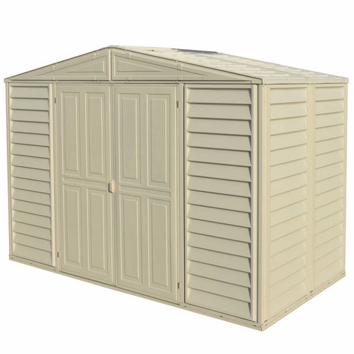 Duramax Woodbridge 5 shed measuring 10.5'x5' displayed against a clean white background with closed doors, showcasing its sleek and compact design.