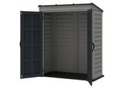 Open view of Duramax YardMate Plus 5'x3' Shed in Gray, showcasing spacious interior on a white background