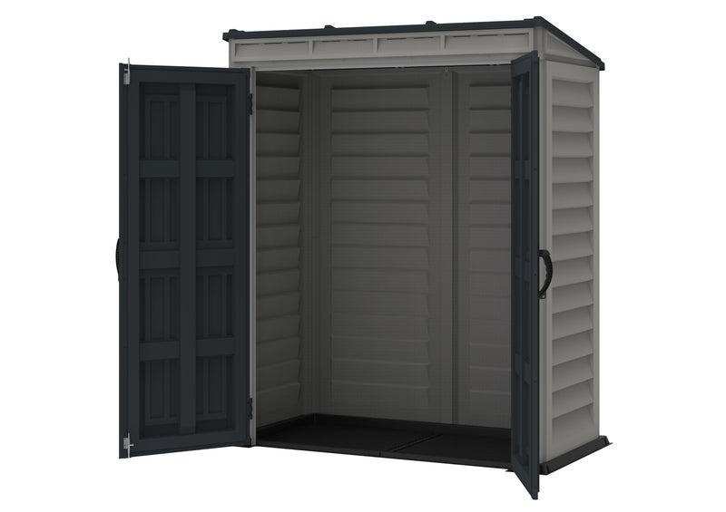 Open view of Duramax YardMate Plus 5'x3' Shed in Gray, showcasing spacious interior on a white background