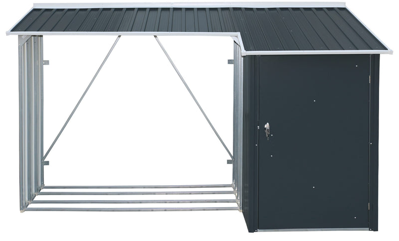 Front view of a Duramax WoodStore 6'x3' shed, demonstrating its sturdy metal frame and ample space for firewood storage, perfect for maintaining an organized and accessible woodpile.