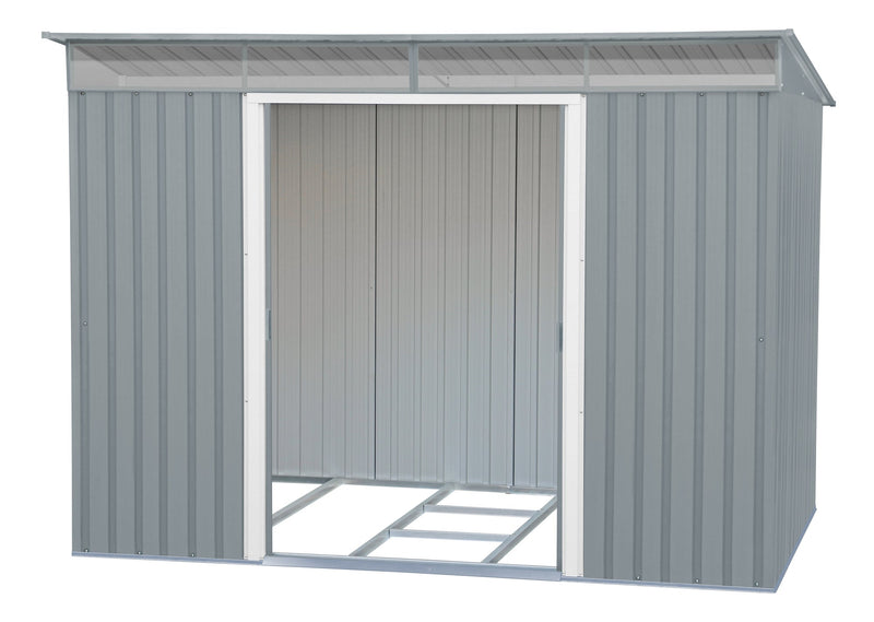 An empty 8x6 Duramax Pent Roof Shed w/ Skylight with door opened.