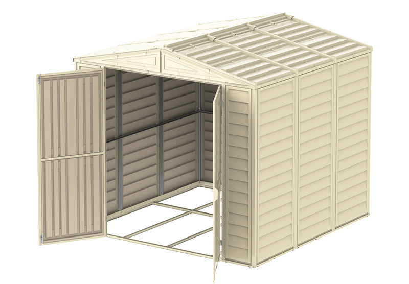 Inside view of an empty Duramax Duramate 8'x8' Vinyl Shed, open doors, displaying the spacious interior and robust construction.