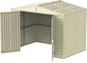 Inside top view of Duramax Duramate 8'x5.3' Vinyl Shed, highlighting interior capacity and organized storage potential.