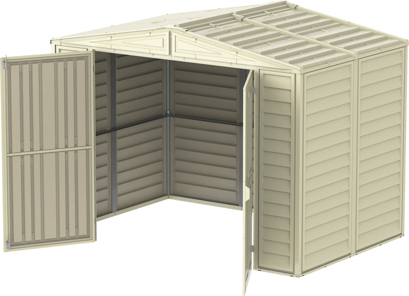 Inside top view of Duramax Duramate 8'x5.3' Vinyl Shed, highlighting interior capacity and organized storage potential.
