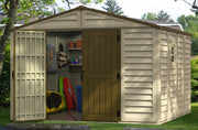 Spacious beige Duramax Woodbridge Plus 10.5'x10' storage shed with open doors revealing stored items like sports equipment and tools, ideal for backyard organization.