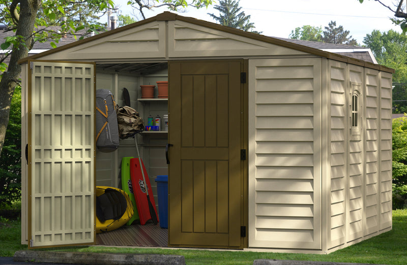 Spacious beige Duramax Woodbridge Plus 10.5'x10' storage shed with open doors revealing stored items like sports equipment and tools, ideal for backyard organization.