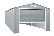 Front view of the light gray Duramax Imperial metal garage, 12x20 size, with the roll-up door half-closed, featuring ventilation details on the roof.