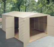 The Duramax Vinyl Garage 10.5x15.5 with its doors opened, placed in a backyard with trees in the background.