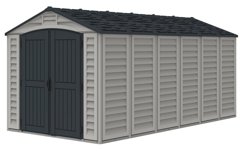 Front view of a durable Duramax Apex Pro 15'x8' storage shed in gray, showcasing robust design with decorative trim and functional windows, ideal for secure storage needs.