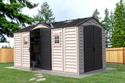 The Apex Pro 15'x8' Shed, open and full of tools and storage shelves, set in a lush green yard.