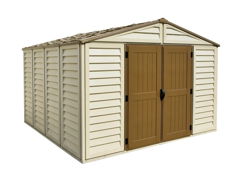 Duramax Woodbridge Plus 10.5'x10' storage shed isolated on white, highlighting its sleek design and durability, perfect for enhancing outdoor storage capacity.