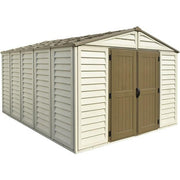 Isolated image of Duramax Woodbridge Plus 10.5'x13' storage shed on a white background, emphasizing its spacious interior and durable beige exterior.