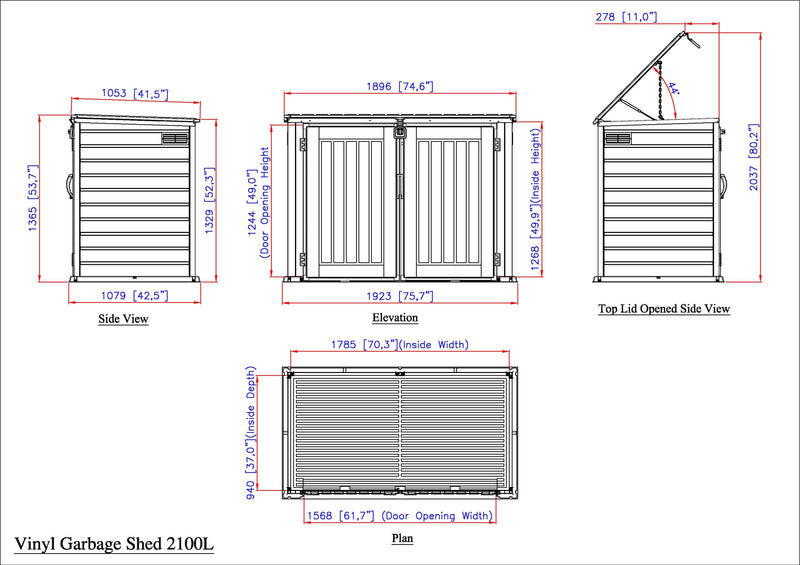 Duramax 2100L MultiStore Outdoor Storage Box technical drawing, showcasing dimensions and design specifications of the dual-door garbage shed with lift-up lid.