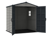 Interior view of the Duramax StoreMate Plus 6'x6' Vinyl Shed with Floor, highlighting spacious storage capacity and a small window for natural light.